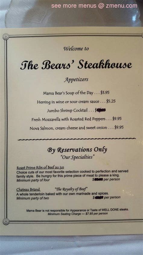 Online Menu of Bears Steakhouse Restaurant, Duanesburg, New York, 12056 - Zmenu