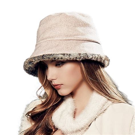 Winter Women Warm Wool Bucket Hat Billycock Dicer Faux Fur Cap (Pale ...