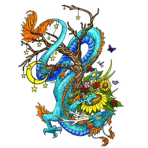 Oriental Dragon on Tree Tattoo Design