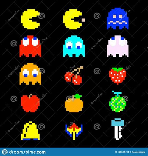 Illustration about A set of vector retro Pacman icons from the classic ...