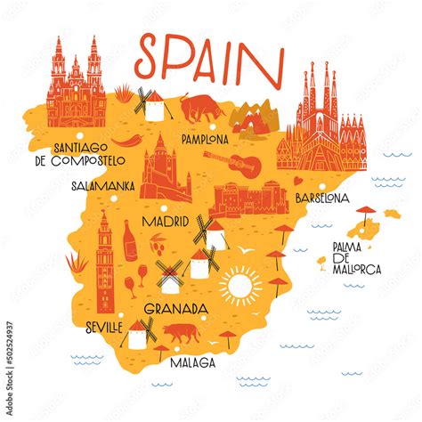 Decorative map of Spain with traditional white windmills and cathedrals ...