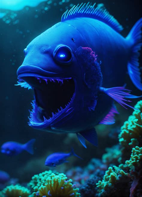Lexica - Neon blue sponge head fish, abyssal zone, bioluminescence, big jagged teeth, render ...
