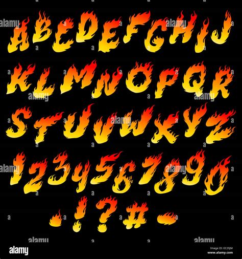 Fire font. Fiery alphabet and numbers on a black background Stock Photo - Alamy