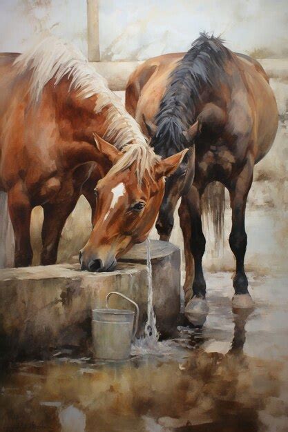 Premium AI Image | A painting of horses drinking water from a bucket