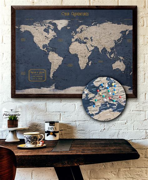 Large World Map Push Pin Executive Style 24x36" or 24x16" | Customized Pin Board Mounted on 3/16 ...