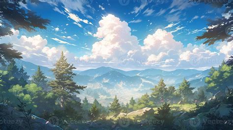 anime scenery of a mountain valley with a forest and a sky. generative ai. 28462487 Stock Photo ...