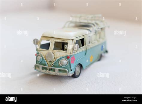 Close up detailed front view of white and blue vintage travel bus toy Stock Photo - Alamy