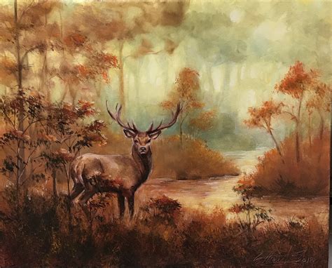 Original Oil Painting Landscape Elk "Elk in the open to get a drink of ...