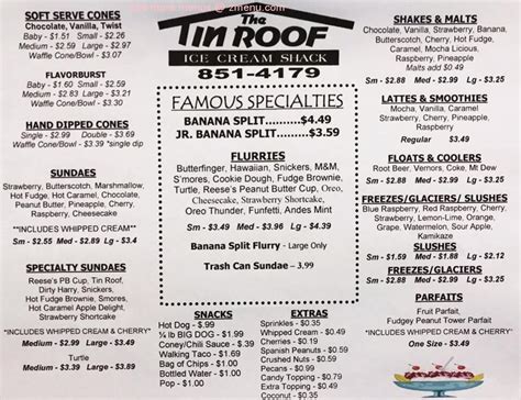 Menu at The Tin Roof desserts, Stockbridge