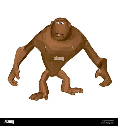 Polygonal brown monkey stands on its paws. Cartoon monkey with big paws ...