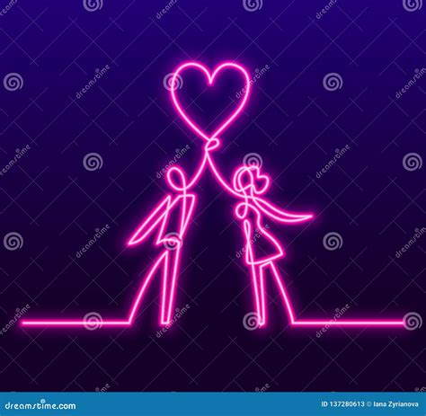 Man and Woman Holding Heart Continuous One Neon Line Vector Drawing ...