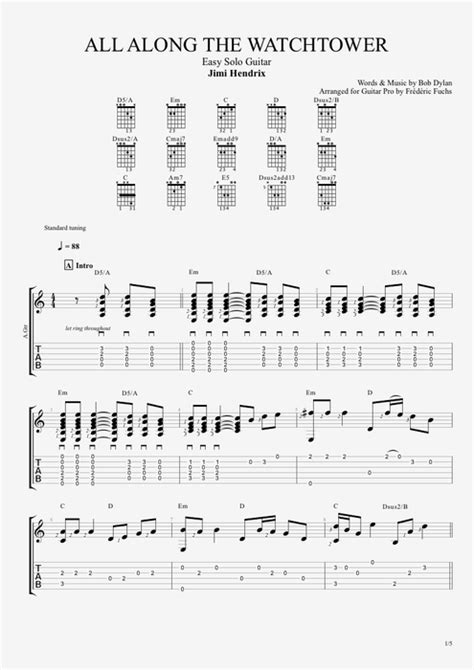 All Along the Watchtower by Jimi Hendrix - Easy Solo Guitar Guitar Pro Tab | mySongBook.com