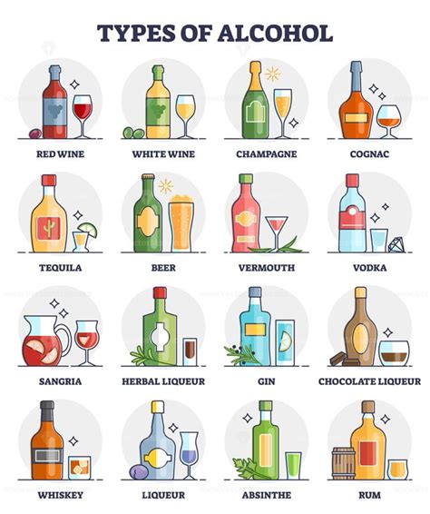 Types of alcohol and drinks variety with glassware collection outline ...