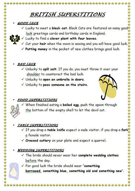 British Superstitions Worksheet