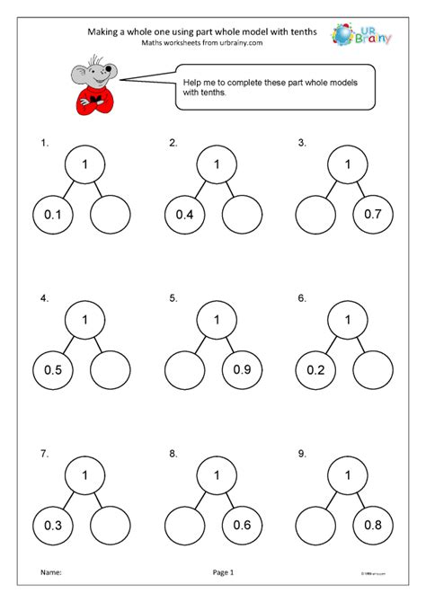 Making a whole one using part whole model with tenths - Fraction and Decimal Worksheets for Year ...