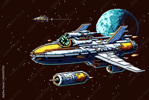 Pixel art of spaceship flying over planets, background in retro style ...