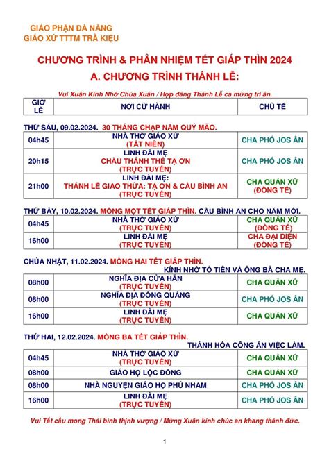 CHƯƠNG TRÌNH VÀ PHÂN NHIỆM TẾT GIÁP THÌN 2024 – Linh Địa Trà Kiệu