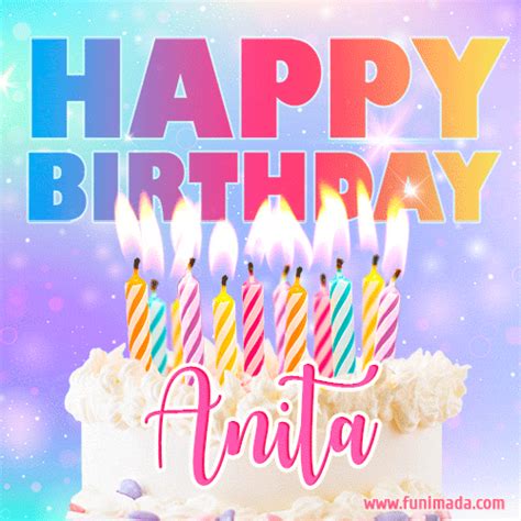 A BDay greeting card for Anita featuring a white frosted cake topped with lit candles | Funimada.com