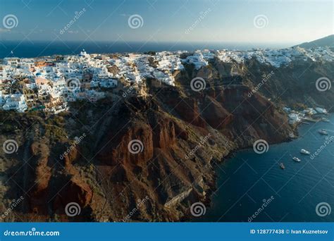 Aerial View Flying Over City of Oia on Santorini Greece Stock Photo ...