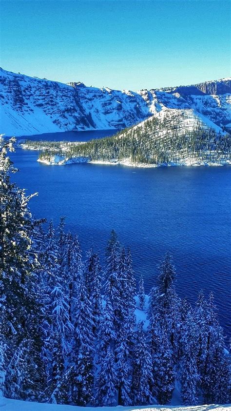 Crater Lake National Park, USA, mountains, snow, trees, island HD phone wallpaper | Pxfuel