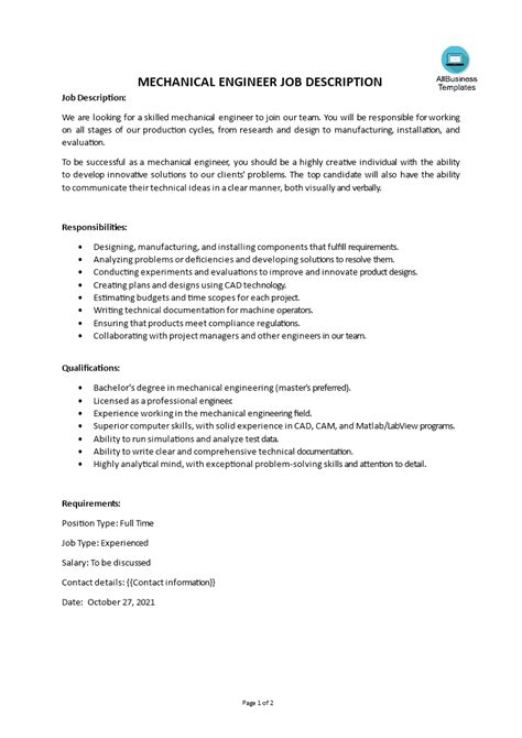 Mechanical Technician Job Description | Templates at ...