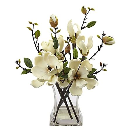 Nearly Natural 15 H Plastic Magnolia Arrangement With Vase White - Office Depot