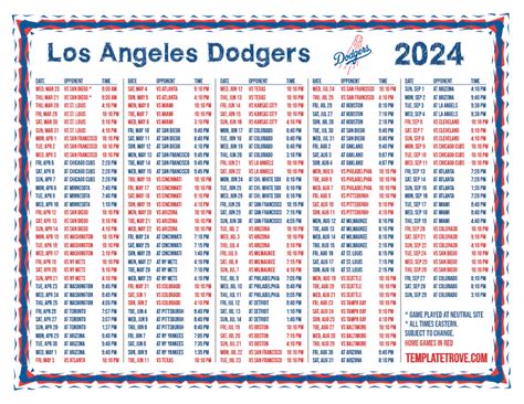 Printable 2024 Los Angeles Dodgers Schedule