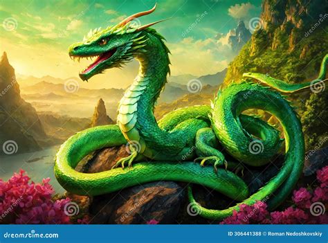 Serpentine Dragon. Toothy Dragon Headed Snake Coiling in Greenery of ...