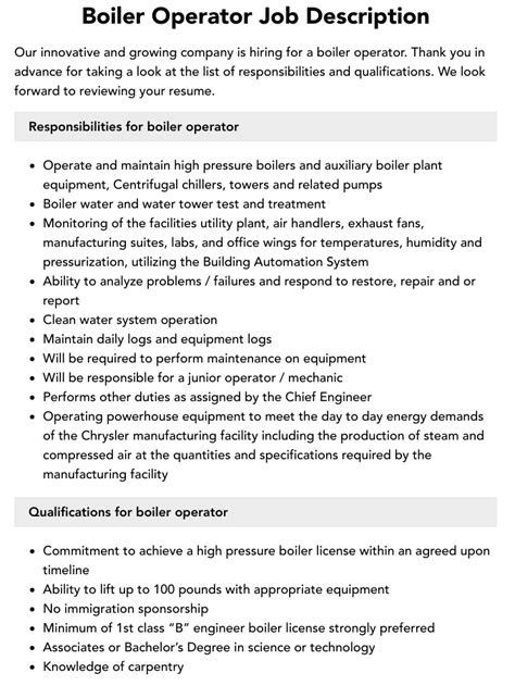 Boiler Operator Job Description | Velvet Jobs