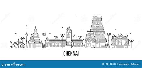 Outline Chennai Skyline With Blue Landmarks. Cartoon Vector | CartoonDealer.com #71701843