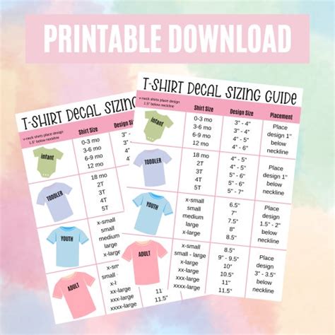 Printable HTV Sizing Chart Cricut Cheat Sheet Decal Size - Etsy