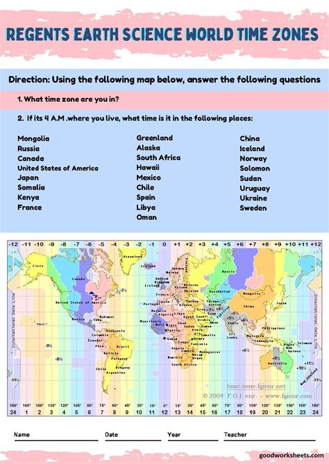 Printable Regents Earth Science World Time Zones Worksheets With Answer ...