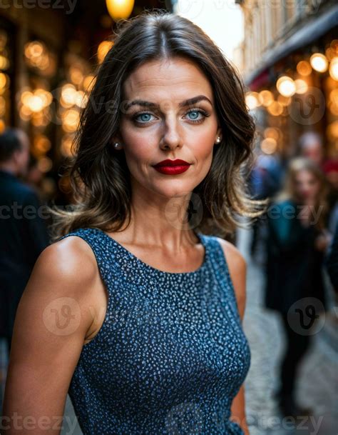 AI generated photo of beautiful woman with print sleeveless dress and big red lips and blue eyes ...