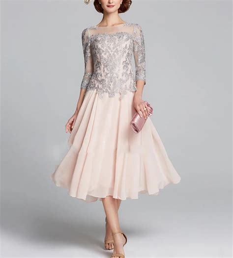 2019 Elegant Chiffon Lace Applique Half Sleeve Tea Length Mother Of The ...