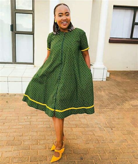 Clipkulture | Lady In Green Shweshwe Short Boubou Dress With Yellow ...