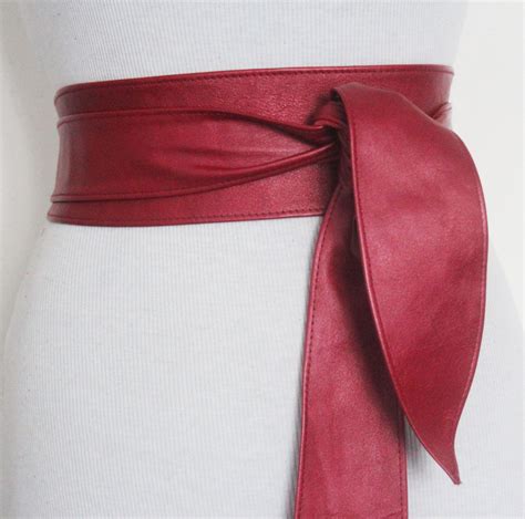 Red metallic Leather Obi Belt tulip tie| Sash Belt | Leather tie belt ...