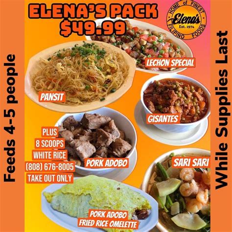 Menu at Elena's Restaurant, Waipahu, Tropicana Square Shopping Center