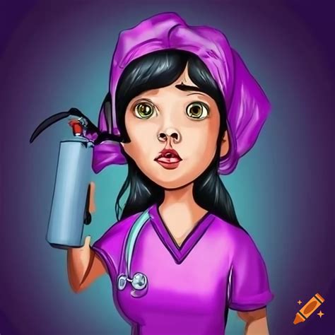 Drawing of a female nurse in purple scrubs with a fire extinguisher in a field on Craiyon