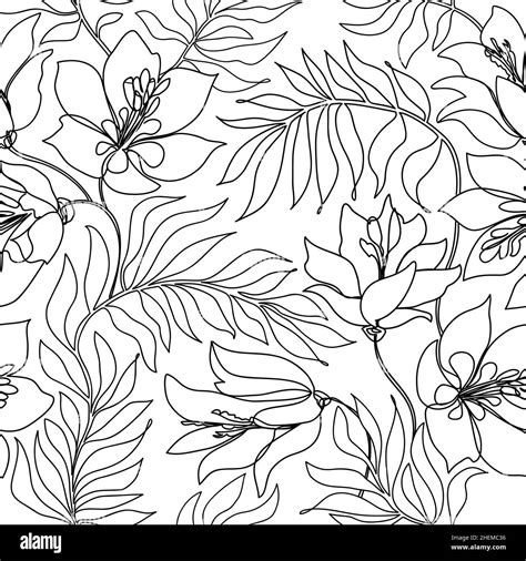 Floral pattern. Flower and leaves seamless line art drawn background. Flourish ornamental garden ...