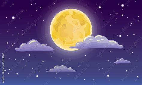 vector full moon, stars, and clouds on the dark midnight sky. Night sky scenery background ...