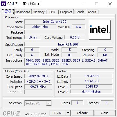 Intel Core N100 @ 2892.92 MHz - CPU-Z VALIDATOR