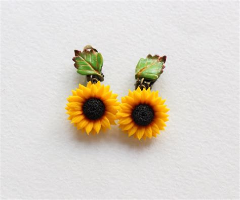 Sunflower Earrings Sunflower Clip Sunflower Jewelry Polymer Clay Jewelry Wedding Jewelry ...