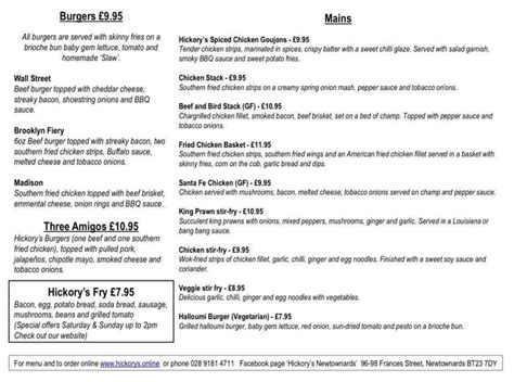 Menu at Hickory's Smokehouse & Grill BBQ, Newtownards