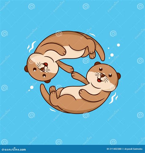 Cute Cartoon Otter Couple Holding Hands. Kawaii Little Otters in Love Stock Vector ...