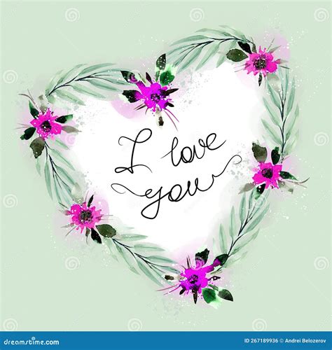 I Love You Postcard with a Heart of Flowers and Leaves on a Green ...