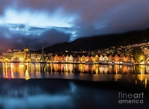 Bryggen by night in Bergen, Norway Photograph by Didier Marti