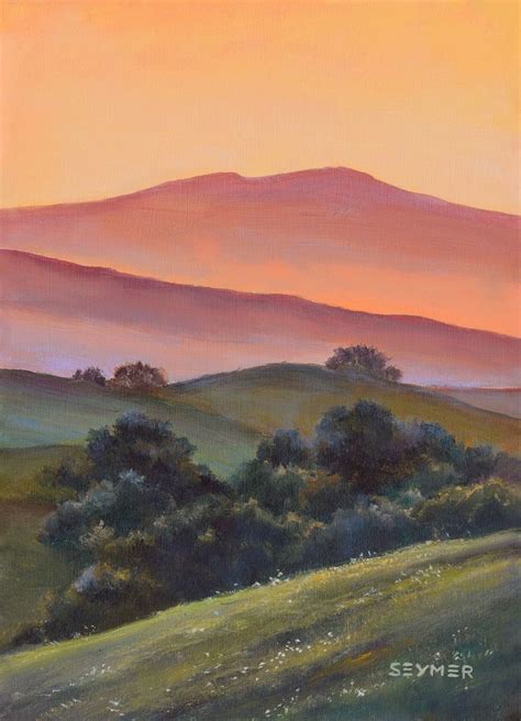 an oil painting of mountains and trees at sunset