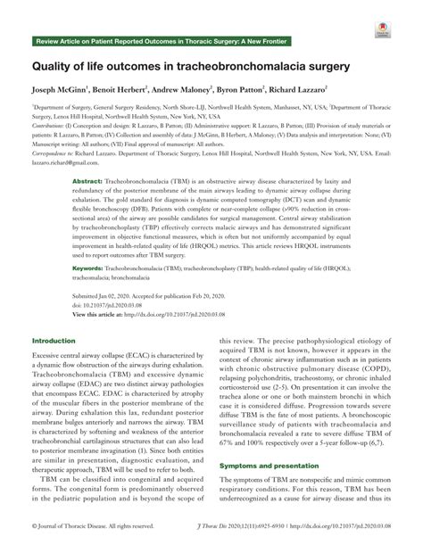 (PDF) Quality of life outcomes in tracheobronchomalacia surgery