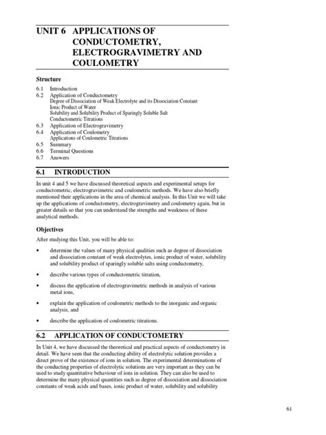 Unit 6 Applications of COnductometry Electrogravemetry and Coulometry | PDF | Dissociation ...