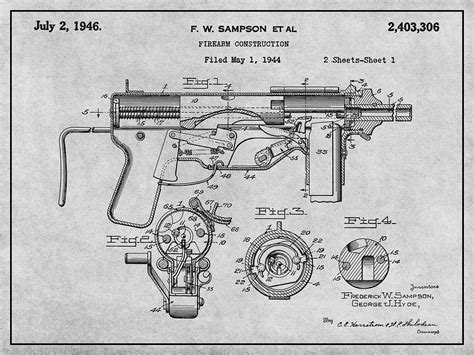 1944 M3 Submachine Gun Gray Patent Print Drawing by Greg Edwards - Pixels